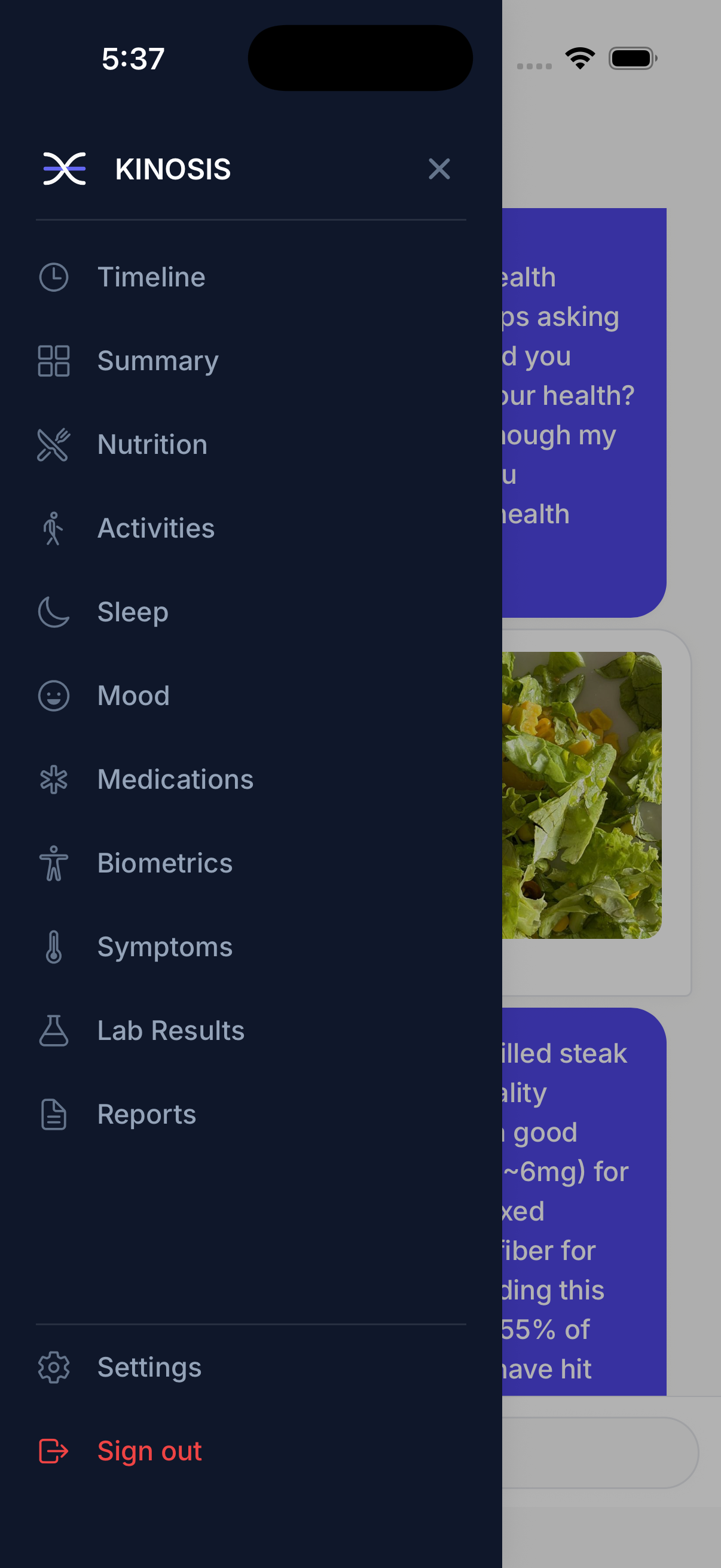 Kinosis app menu